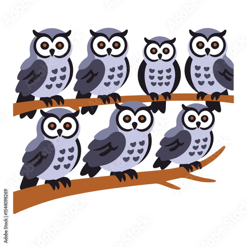 Owls on a Branch-Seven Cute Cartoon Owls with Heart Patterns-Whimsical Illustration for Kids-Owl Lover Decor-Nature Inspired Art-Perfect for Nursery or Playroom Decor