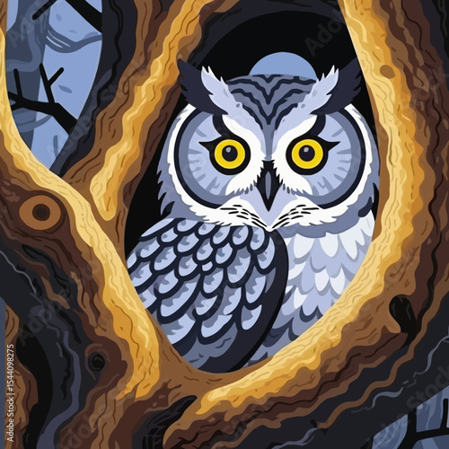 Owl in a Tree Hollow Art Illustration - Captivating Owl Portrait with Striking Yellow Eyes - Nature Inspired Artwork for Home Decor and Animal Lovers