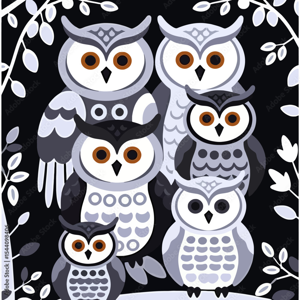 Fototapeta premium Whimsical Owl Family Illustration-Cute Bird Cartoon Art-Owl Themed Decor-Stylized Owl Design-Graphic Owl Pattern-Modern Nursery Art-Owl Lover Gift-Unique Animal Art Print