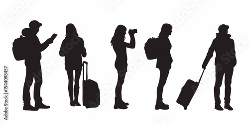 Silhouette of travelers with luggage and camera ready for tourism and travel vacation adventure trip planning vector design