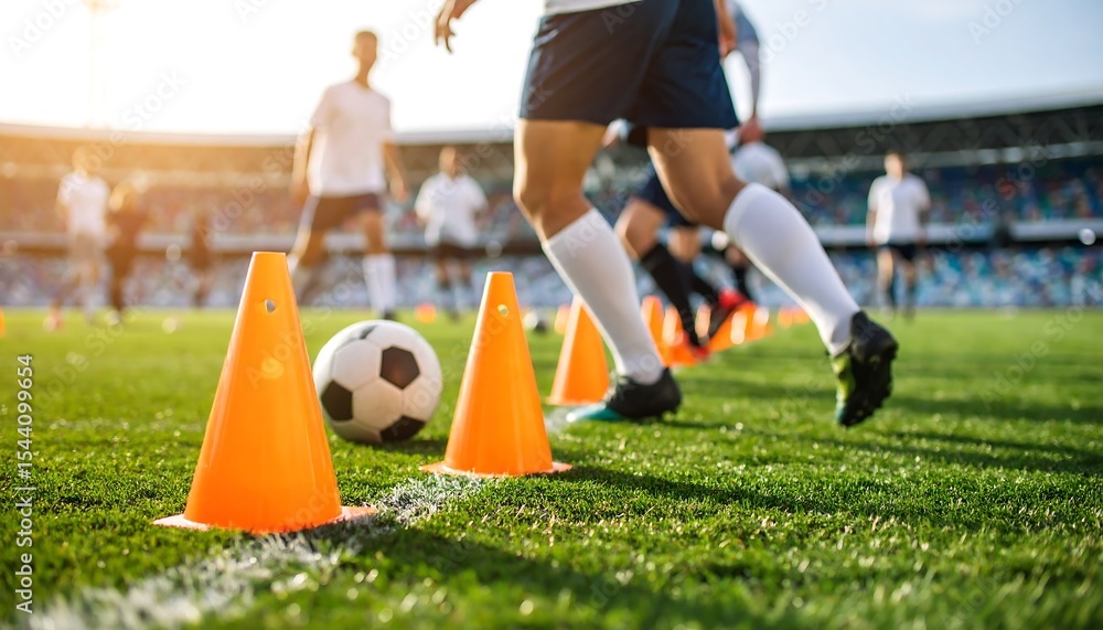 Obraz premium A group of soccer players are practicing drills on a well-maintained soccer field with orange cones.