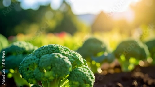 Close-up of fresh green broccoli growing in dark soil, sunlight shining on vegetables in garden.