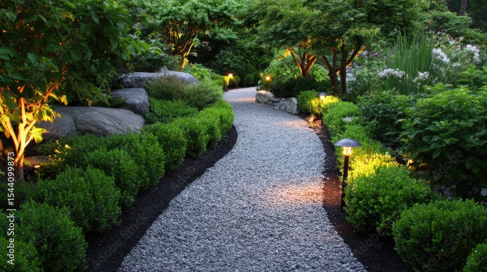 Obraz premium Decorative gravel path with solar stake lights and lush shrubs lining the walkway