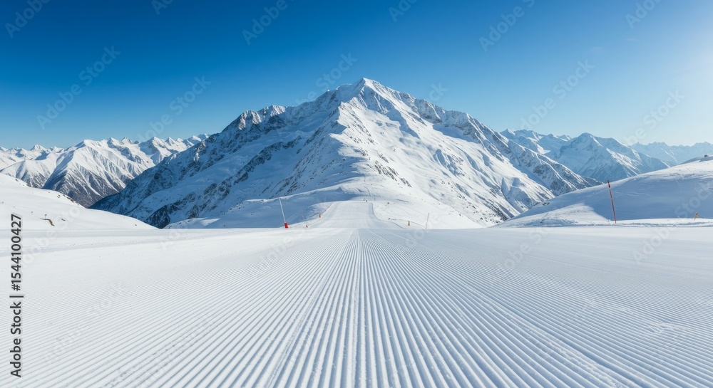 Snowy Mountain Range and Groomed Ski Run Under Clear Blue Sky Snowy Mountain Range and Groomed Ski Run Under Clear Blue Sky