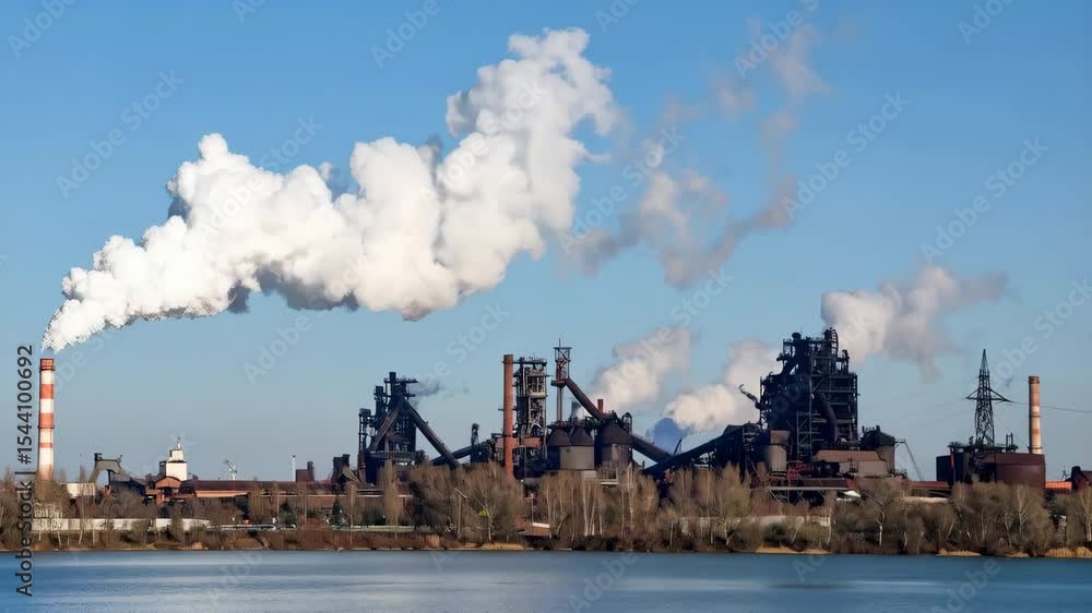 Industrial Landscape with Smoke and Water Reflection on Sunny Day Industrial Landscape with Smoke and Water Reflection on Sunny Day