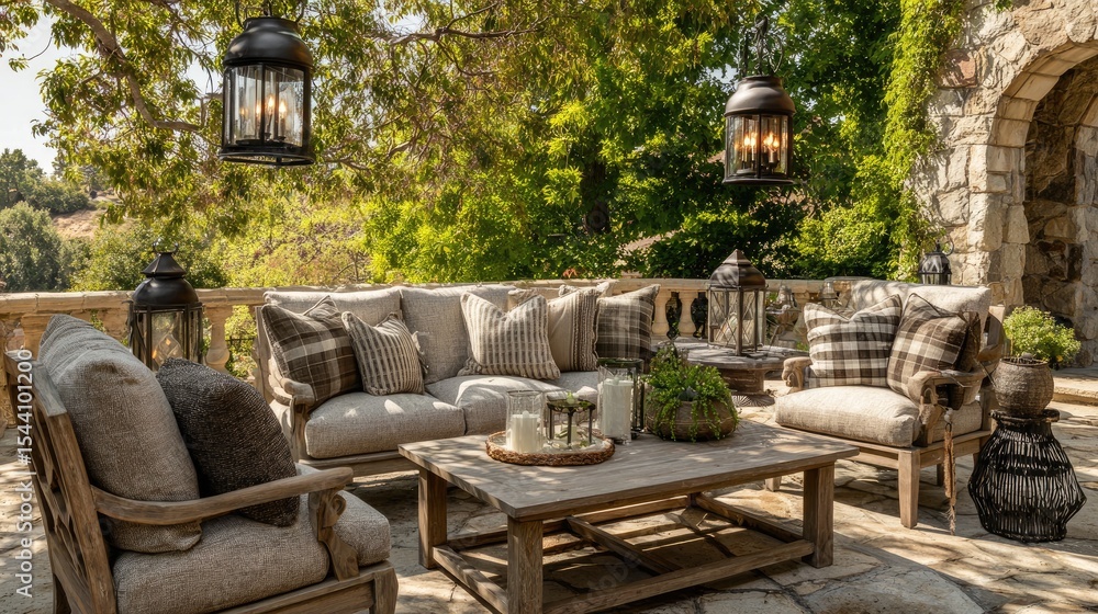 Obraz premium Rustic patio with wooden furniture, throw pillows, and hanging lanterns surrounded by greenery