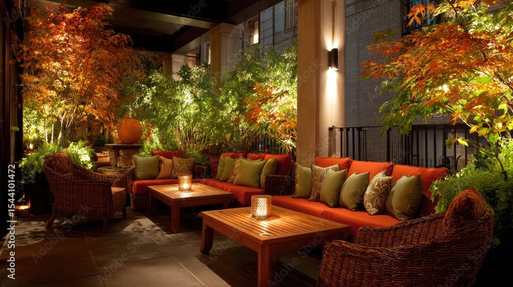 Fototapeta premium Subtle lighting built into railing of rooftop patio offering ambient evening glow