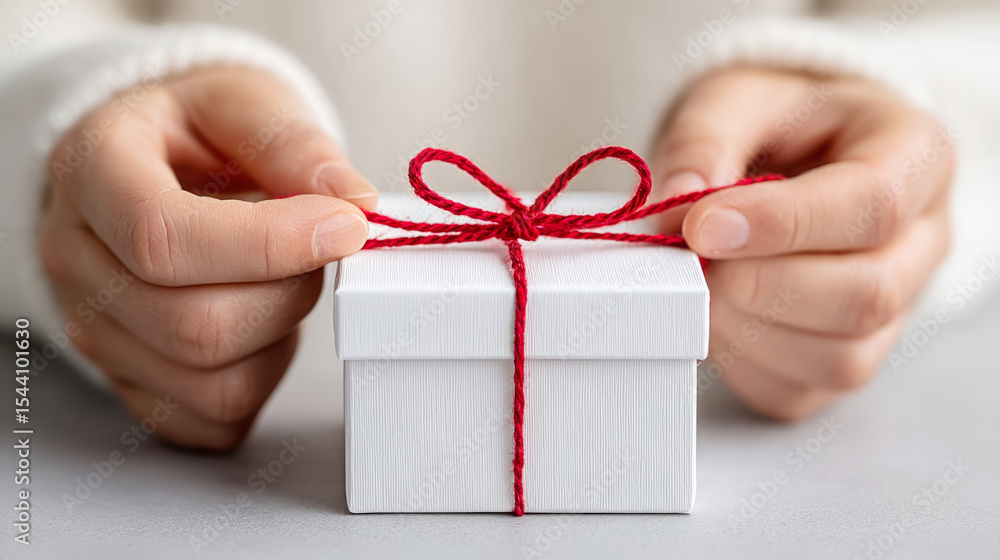 Gift wrapping with red string - hands tying ribbon around small white box Gift wrapping with red string - hands tying ribbon around small white box