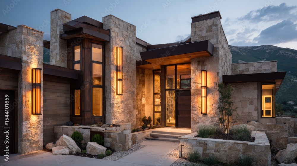 Fototapeta premium Warm-toned wall sconces lighting up a stone exterior of a modern house at twilight