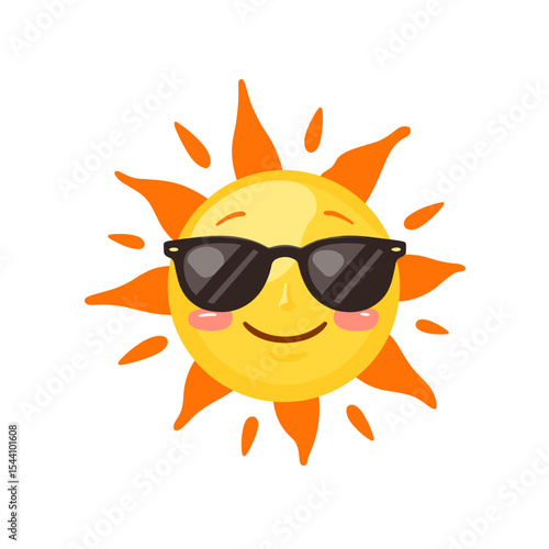 Cheerful sun character wearing sunglasses with rays of sunshine, vector 