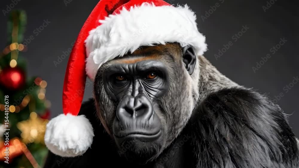 Portrait of a festive Gorilla wearing a Santa Hat with a decorated Christmas Tree in the background looking serious and direct at the camera Portrait of a festive Gorilla wearing a Santa Hat with a decorated Christmas Tree in the background looking serious and direct at the camera