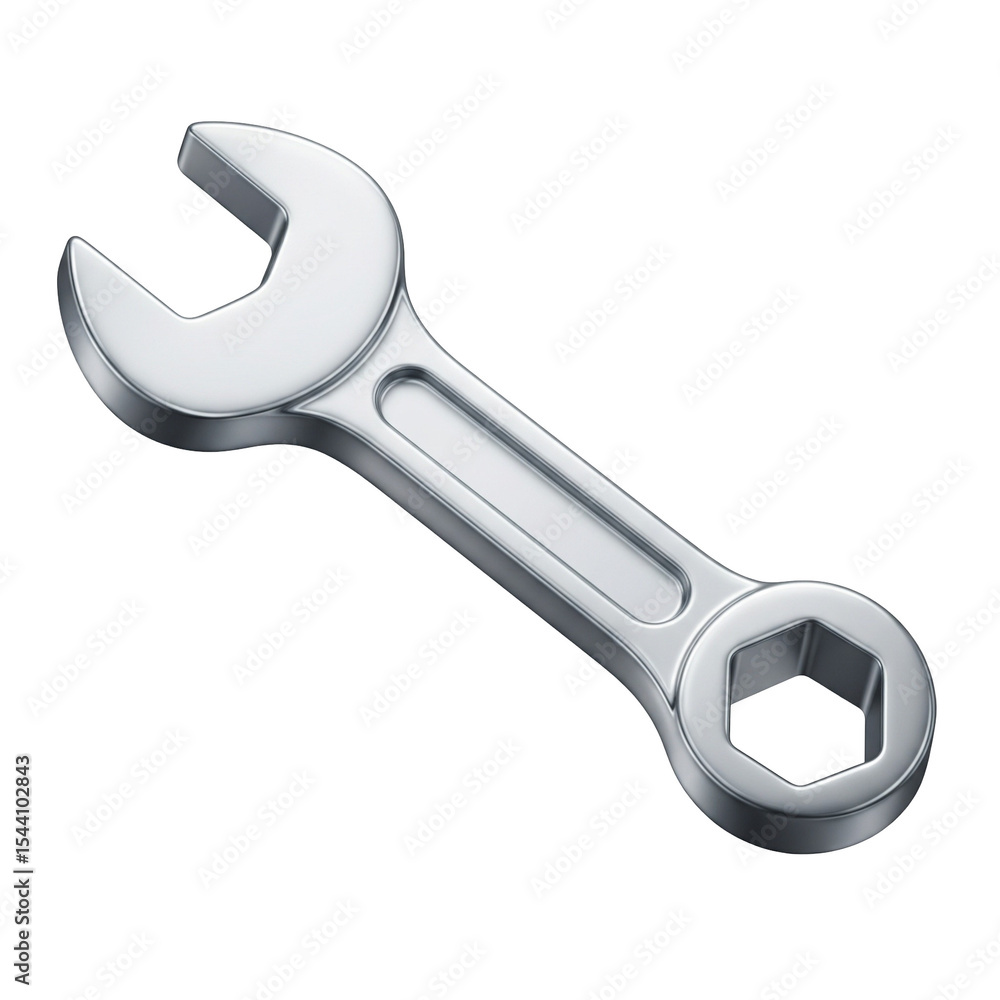Realistic 3D chrome wrench icon with hexagonal and open-end jaws isolated on transparent background. Realistic 3D chrome wrench icon with hexagonal and open-end jaws isolated on transparent background.