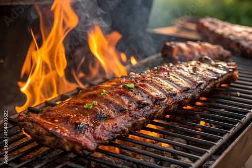 Juicy, perfectly grilled ribs sizzle on an outdoor barbecue grill, enveloped in flames