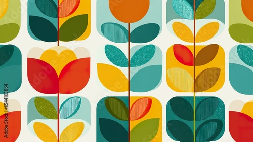 1960s Style Flat Vector Floral Geometric Pattern, Bold and Bright Palette, Modular Layout with Seamless Retro Design Aesthetics