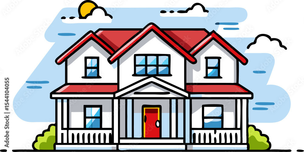 Fototapeta premium Two Story House Red Roof White Walls Blue Sky Illustration