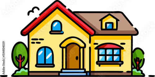 Yellow House Cartoon Illustration Red Roof Blue Windows Green Trees