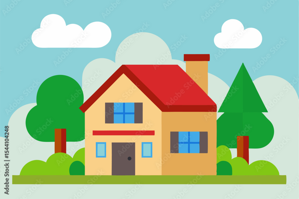 Fototapeta premium Cartoon Two Story House Red Roof Blue Windows Green Trees