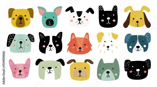 Collection of Adorable and Colorful Flat Dog Vector Heads, Isolated Icons with Simple Geometric Shapes in Children's Style
