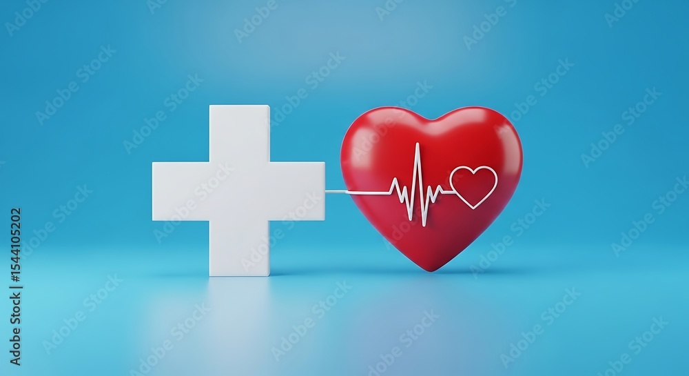 Obraz premium A blue background with a cross, symbolizing healthcare, features a heart with a heartbeat icon. It represents health insurance and medical services.