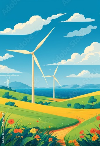 Illustration of a wind farm with wind turbines and paths