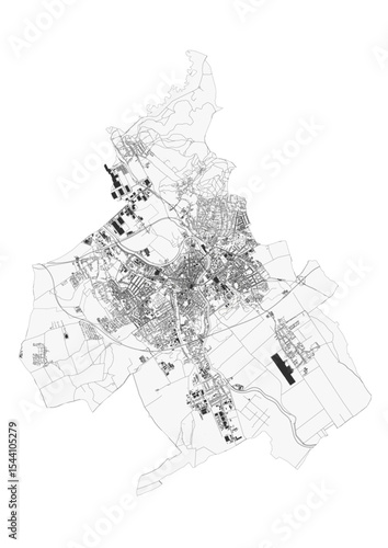 Nitra black and white map showcasing highways and buildings. Clean vector design, focused on road networks and city structures for monochrome visualization or print