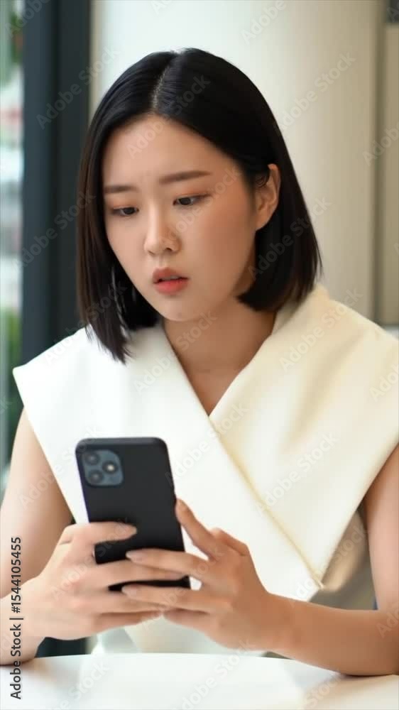 A young Asian woman with short hair reacts with surprise while checking her smartphone in a stylish cafe. Her expression shows curiosity as she engages with the device A young Asian woman with short hair reacts with surprise while checking her smartphone in a stylish cafe. Her expression shows curiosity as she engages with the device