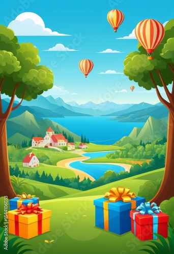 Scenery with gift box and hot air balloon Scenery cartoon illustration