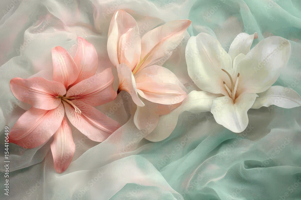 Fototapeta premium Delicate lilies on a soft pastel background.