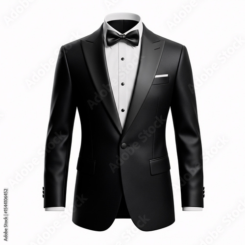 Black tuxedo with bow tie isolated on a white background.
