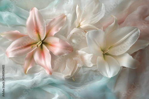 Delicate lilies arranged on sheer fabric.