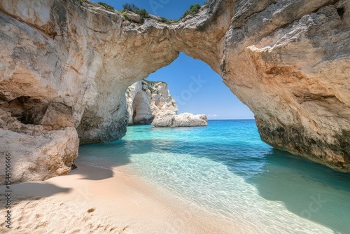 Tranquil beach cove with azure water and limestone rocks.