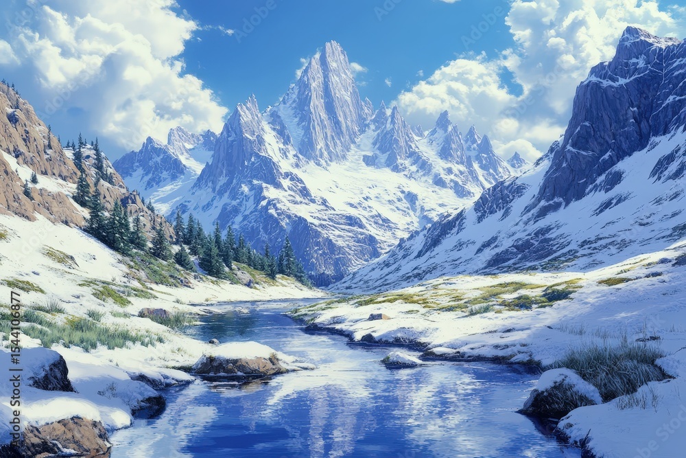 Obraz premium A snowy mountain valley scene with a crystal-clear stream.
