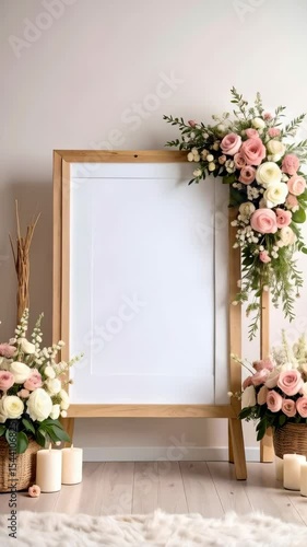 Elegant wooden picture frame display with pink and white flower arrangement, candlelight, and a soft white rug for wedding announcement