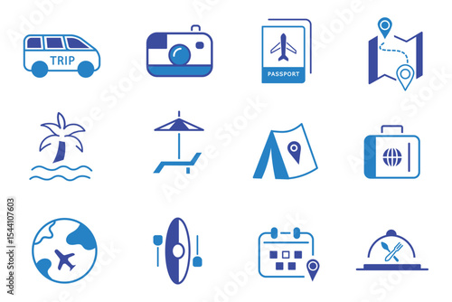 Travel solid flat icon set. Holiday, tourism, Summer vacation, airplane, trip, beach, passport, luggage, camping, hotel, icons. Editable vector illustration