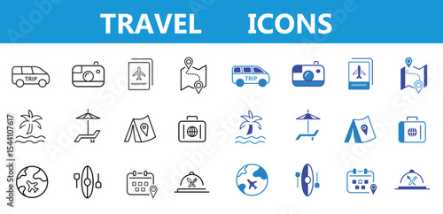 Travel flat and line icon set. Holiday, tourism, Summer vacation, airplane, trip, beach, passport, luggage, camping, hotel, icons. Editable vector illustration