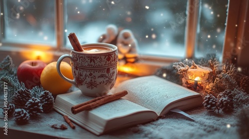 Cozy winter scene with a cup of hot drink and a book.