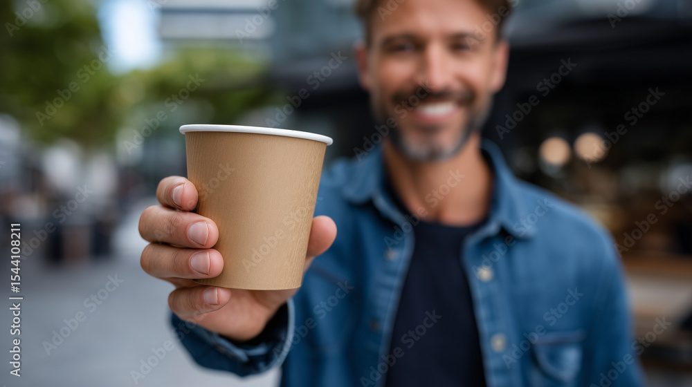 Barista handing takeaway cup with smile, morning light, city street behind takeaway, barista, coffee cup, morning, smile, paper cup, city background, to-go, warmth, casual Barista handing takeaway cup with smile, morning light, city street behind takeaway, barista, coffee cup, morning, smile, paper cup, city background, to-go, warmth, casual