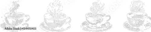 Set of detailed black outline line draw vector designs of teacup with steam, hand-drawn style, minimalist beverage illustration, perfect for branding, menus, and packaging