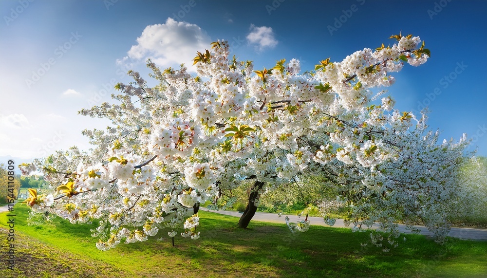 cherry tree in full bloom with white flowers and green leaves in spring cherry tree in full bloom with white flowers and green leaves in spring