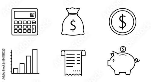 Vector  line drawings depicting financial elements including calculator coin and piggy bank displayed neatly on transparent background
