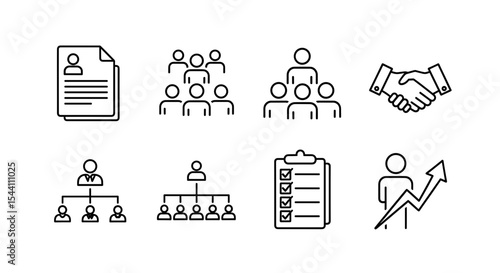 Vector  depiction of various business and organizational concepts represented through line icons in a layout on transparent background