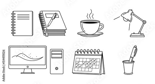 Vector  outline drawing of office supplies including a computer, books, calendar and a cup of coffee on transparent background