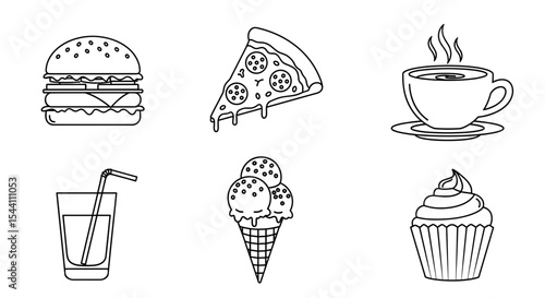 Vector  outlined food items including burger pizza coffee juice ice cream and cupcake arranged together nicely on transparent background