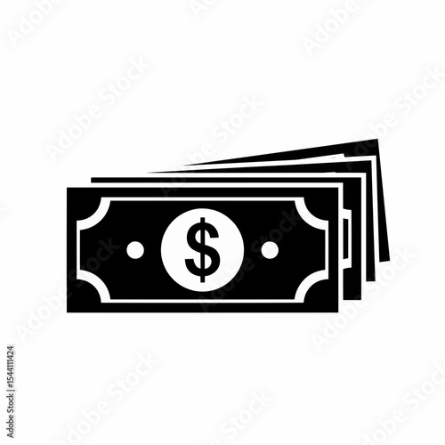 This high-quality vector graphic features a solid black minimalist stack of dollar bills icon with a dollar sign and rounded corners, emphasizing finance and fine details.