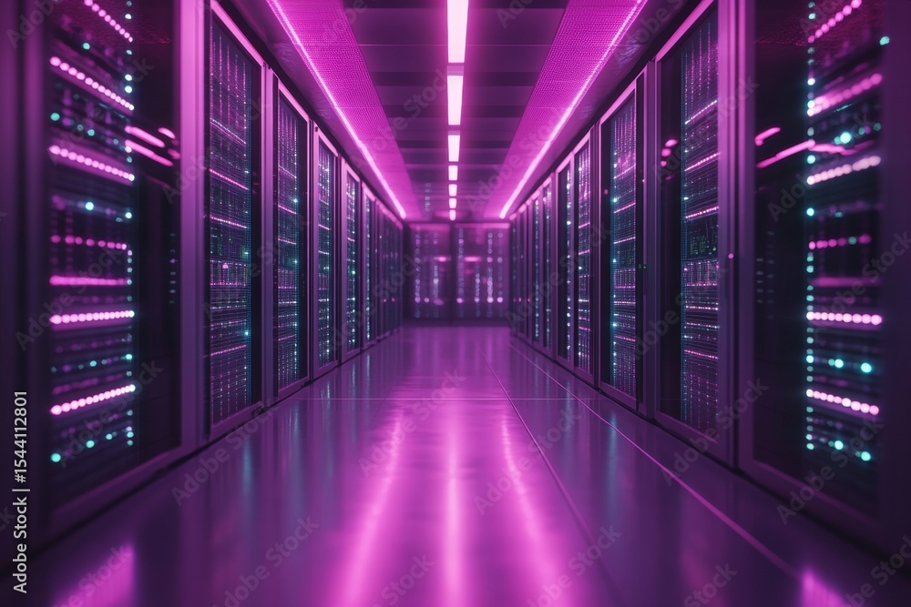 Fototapeta premium Data Center Server Room Corridor with Pink and Purple Neon Lighting and Server Racks