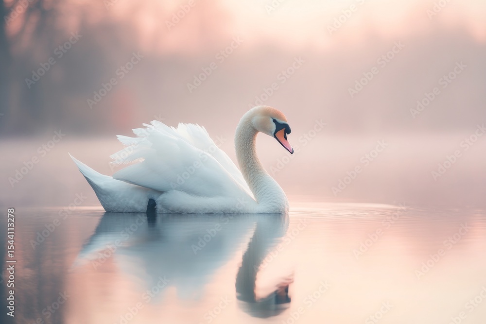 Fototapeta premium Elegant Swan Floating on Calm Water with Reflection in Soft, Misty Morning Light