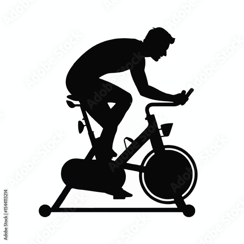 Man on stationary bike silhouette isolated on white background