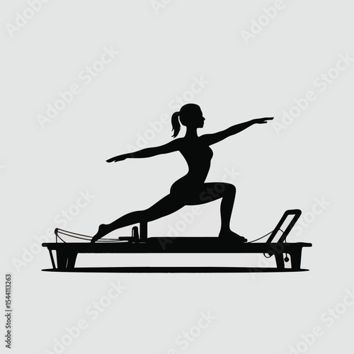 Pilates woman silhouette on reformer machine isolated on white background