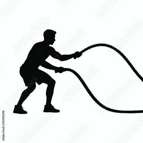 Man doing battle ropes workout silhouette isolated on white background
