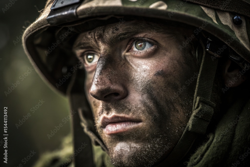 Close-Up of Soldier's Eyes in Camouflage During Combat Duty / Intense Gaze of Battle-Hardened Soldier in Warzone Close-Up of Soldier's Eyes in Camouflage During Combat Duty / Intense Gaze of Battle-Hardened Soldier in Warzone